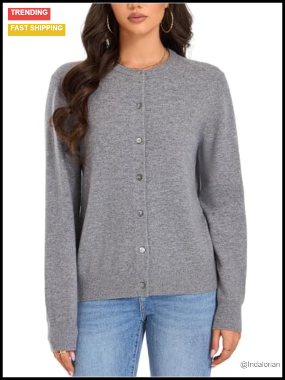 100% Merino Wool Cardigan Crew Neck Shell Button Sweater